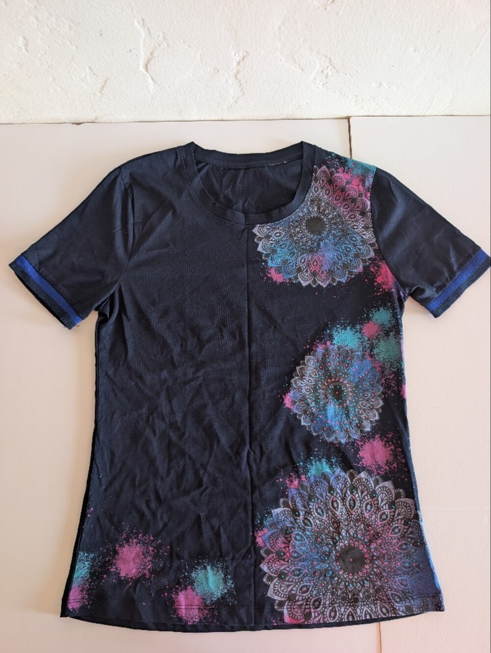 Desigual TS_ONEGA Women's Navy Mandala Graphic Knit T-Shirt Size S NWOT